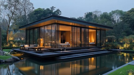 Obraz premium Serene Modern Pavilion: A Peaceful Oasis by the Water
