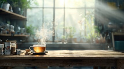 Warm cup of tea on rustic wooden table, sunlit room