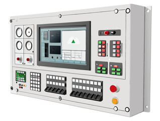 Fototapeta premium Vector of a digital industrial control panel with screens, buttons, and gauges, isolated on white background. 