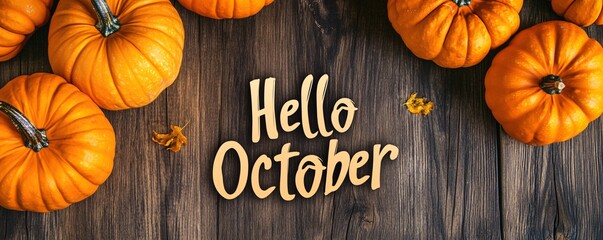 Hello october greeting surrounded by pumpkins on rustic wood