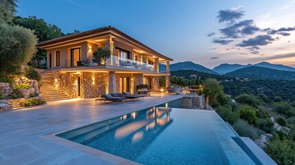 Fototapeta premium Luxury Villa with Infinity Pool and Mountain Views at Dusk