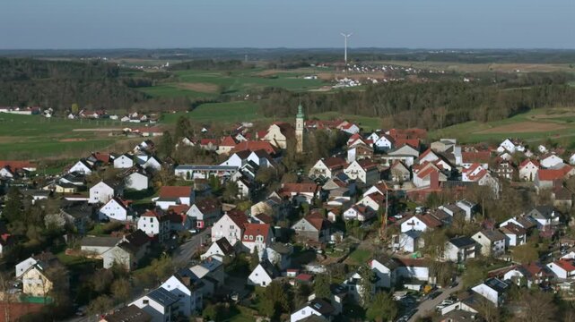 Bavarian drone fly over across Schweitenkirchen and the early Spring nature landscape of Pfaffenhofen 