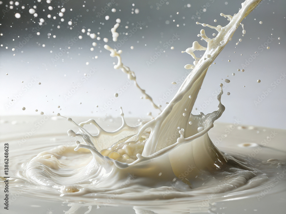 Fototapete milk splash captured mid-motion with dynamic droplets and ripples creating visually striking patterns against a dark backdrop highlighting fluid dynamics in an artistic manner