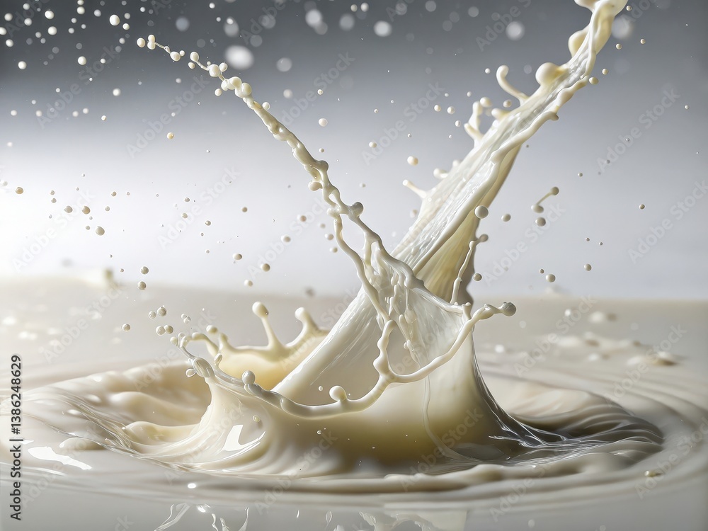 Fototapete milk splash captured mid-motion with dynamic droplets and ripples creating visually striking patterns against a dark backdrop highlighting fluid dynamics in an artistic manner