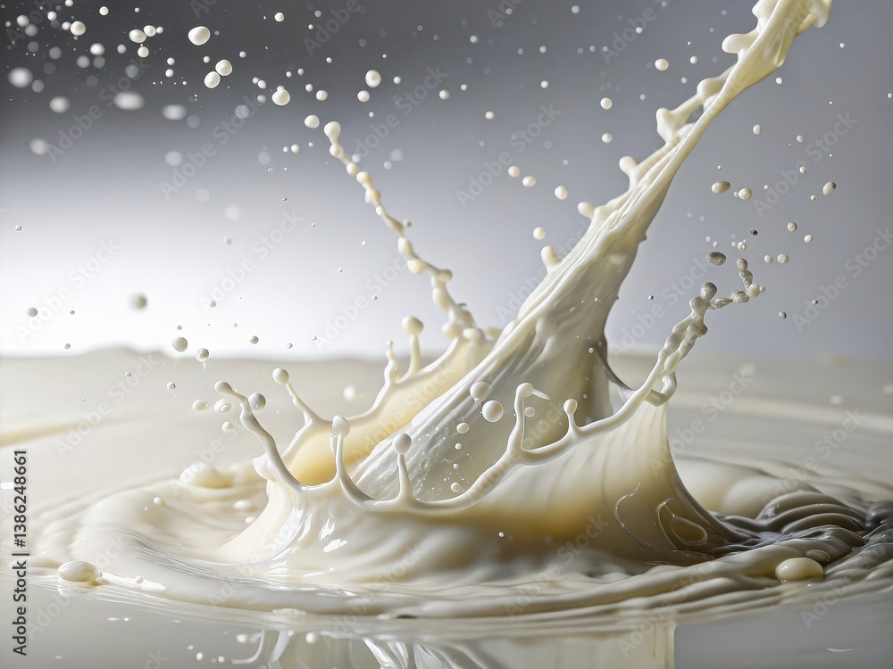 Fototapete milk splash captured mid-motion with dynamic droplets and ripples creating visually striking patterns against a dark backdrop highlighting fluid dynamics in an artistic manner