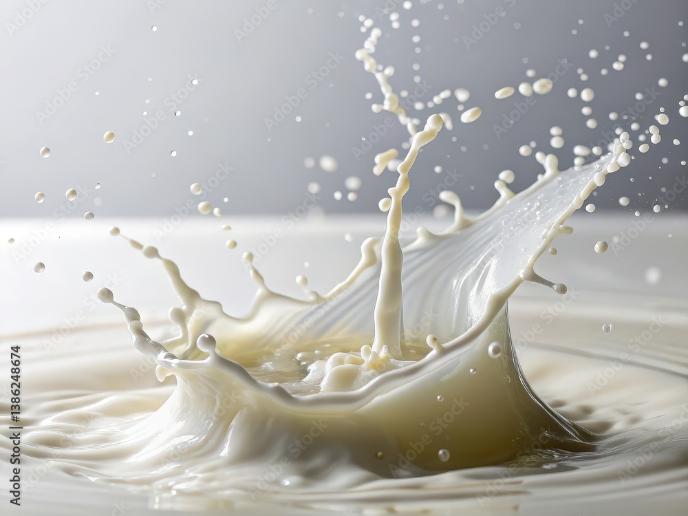 Poster milk splash captured mid-motion with dynamic droplets and ripples creating visually striking patterns against a dark backdrop highlighting fluid dynamics in an artistic manner