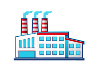 Naklejka premium Vector illustration of a modern industrial factory building with smokestacks, clean design, and minimal shadows, isolated on white background. 