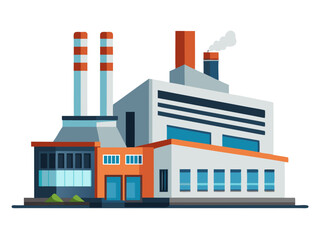  Vector illustration of a modern industrial factory building with smokestacks, clean design, and minimal shadows, isolated on white background.
