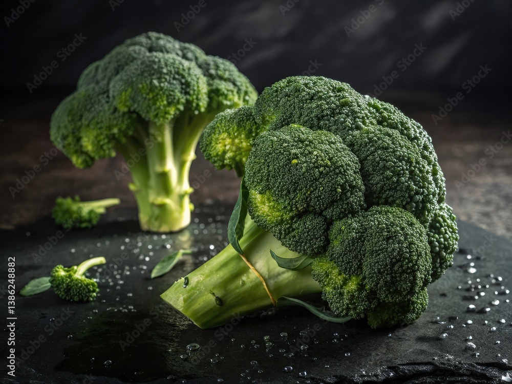 Poster fresh broccoli heads with scattered florets placed on a dark textured surface with coarse salt sprin