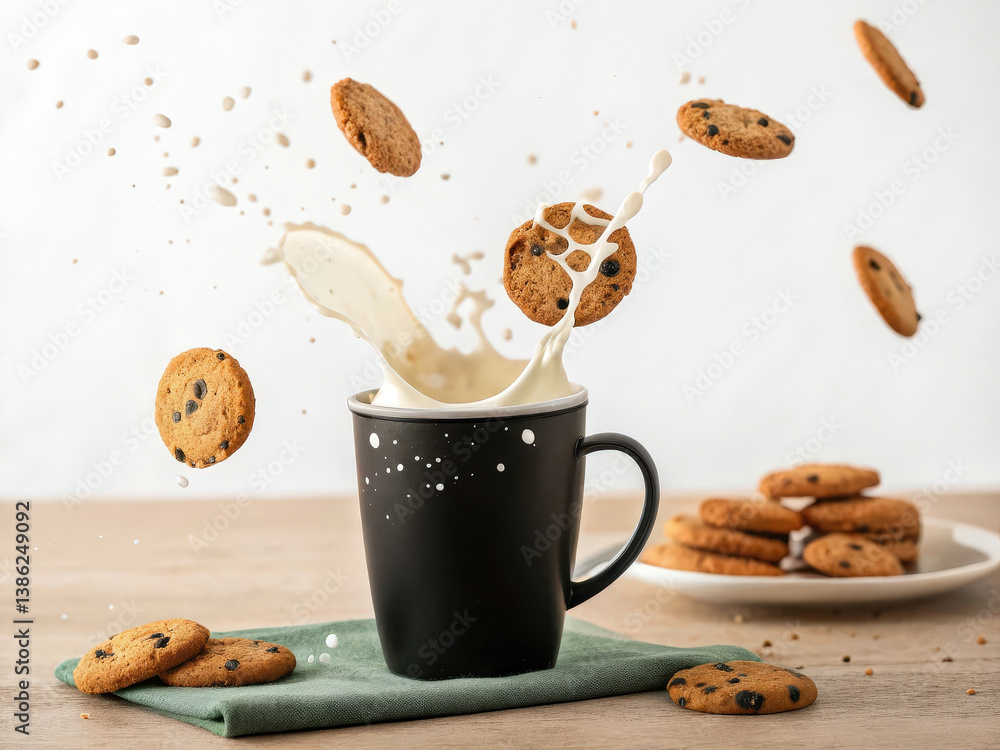 Poster Cookies dropping into a black coffee cup causing splashes; coffee beans scattered with a dynamic mix of cookies and a wooden backdrop.