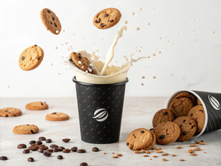 cookies falling into black coffee causing coffee splashes surrounded by scattered coffee beans and tipped container spilling cookies creating a dynamic motion-filled image