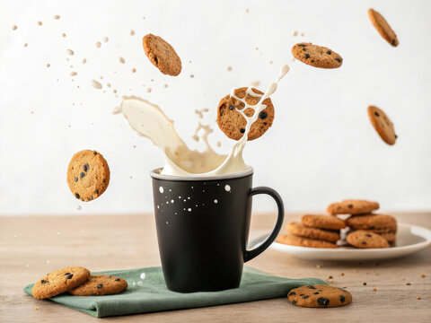 Cookies dropping into a black coffee cup causing splashes; coffee beans scattered with a dynamic mix of cookies and a wooden backdrop.