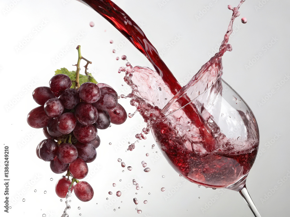 Poster pouring red wine into a glass surrounded by vibrant red grapes and green leaves, creating a dynamic 