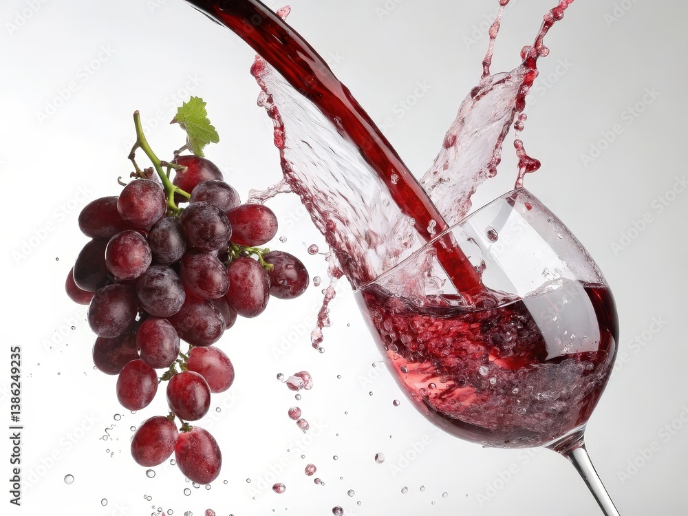Poster Pouring red wine into a glass surrounded by vibrant red grapes and green leaves, creating a dynamic connection between the raw materials and the final product.