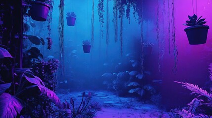 Neon Jungle Pathway with Hanging Plants