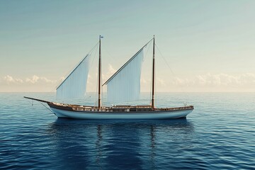 Fototapeta premium Sailboat gliding on the blue ocean, creating a serene scene with clear skies and calm waters.