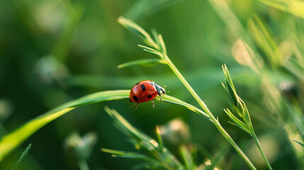 Macro photo of Ladybug in the green gras