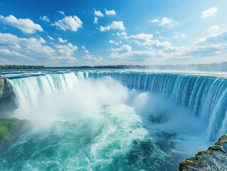 Majestic waterfall plunges into a turquoise pool, mist rising against a blue sky dotted with white clouds.