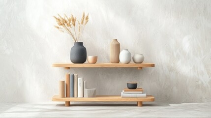 Wooden shelves with decorative vases and books