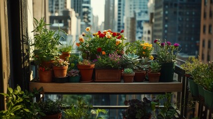Fototapeta premium Urban balcony garden with colorful flowers and succulents in cityscape
