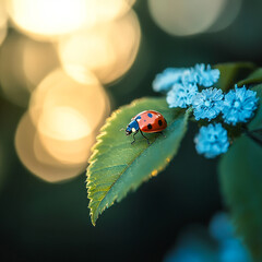 A beautiful ladybug on leaf defocused background