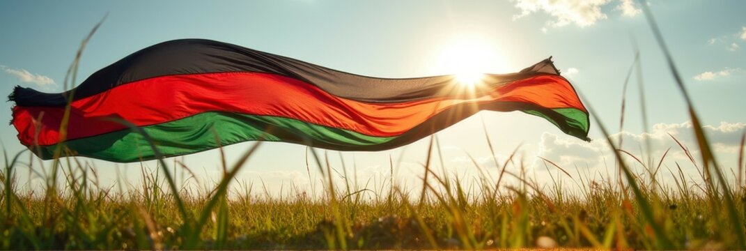 Zambian flag waving in sunset over grassy field