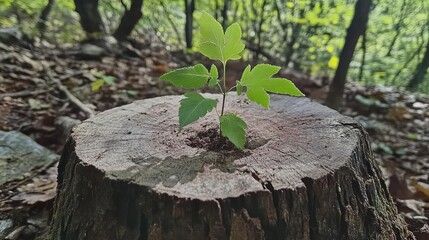 Obraz premium Tree stump sprout nature photography forest growth new life spring concept rebirth hope environment conservation