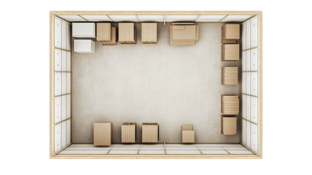 Aerial View of Warehouse Interior with Cardboard Boxes and Pallets