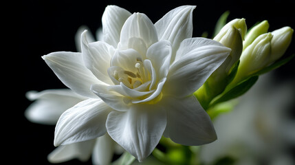 A close-up shot of a tuberose flower, showcasing its white petals and delicate texture against a black background.