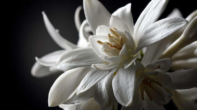 A close-up shot of a tuberose flower, showcasing its white petals and delicate texture against a black background.