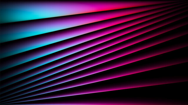 Vibrant sharp diagonal rays in glowing intensity neon colors slice through the darkness. Futuristic linear composition of radiant gradient waves full of depth and energy for modern visual art project