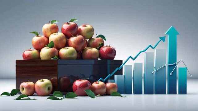different apples in a box, charts and arrows, price increase concept

