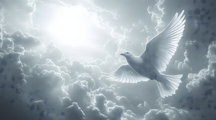 A white dove soars gracefully through a sky filled with dramatic clouds and sunlight