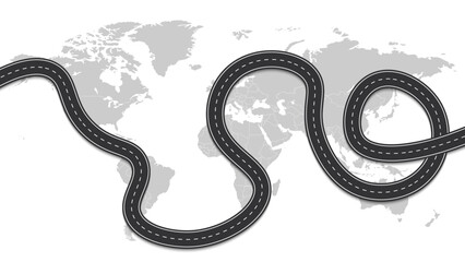Obraz premium Travel around the world. World map car Automobile road through the whole world map. Asphalt road template. Highway road background. Vector illustration.