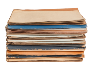 Stacked papers for creative projects and historical research, cut out