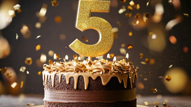 A delicious chocolate cake celebrates a 5th anniversary with golden confetti.