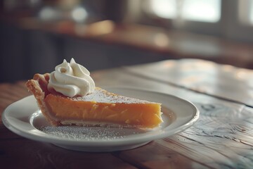 A slice of freshly baked pie topped with whipped cream and dusted with powdered sugar sits on a white plate atop a rustic wooden table.