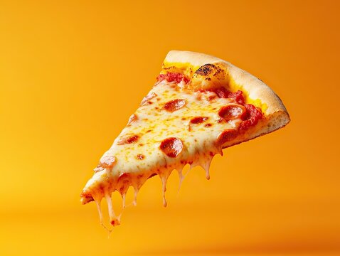 A delectable slice of pepperoni pizza levitates against a vibrant orange backdrop. Cheesy, savory perfection.