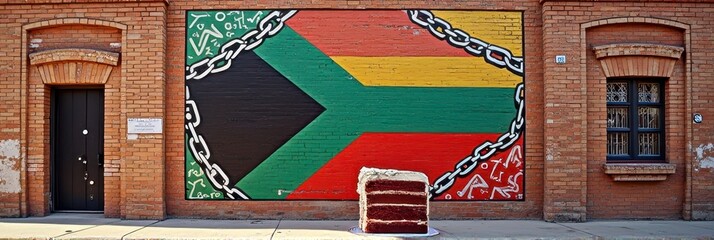 Colorful south african flag mural on brick wall with red velvet cake in urban setting