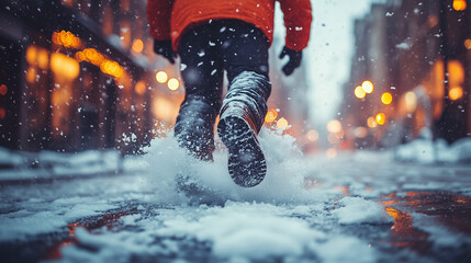 Person runs through snowy street in city during winter evening with soft lights wallpaper, background, generated by AI