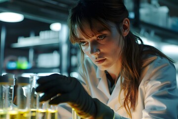 Focused scientist in lab coat examines test tubes with yellow liquid under bright light, conducting research with precision and concentration.