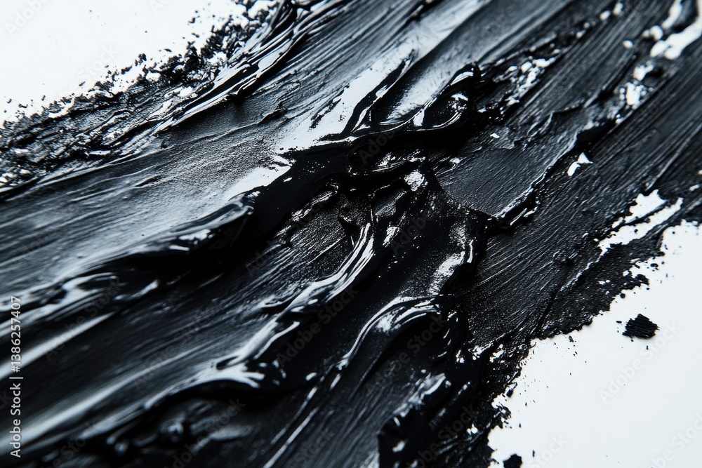 Poster Exploring the texture and richness of black paint spread across a white canvas in a creative art studio setting during the afternoon light