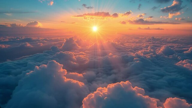 Aerial Golden Sunset Rays Peaceful Cloudscape with Dramatic Orange Sky, seamless looping overlay 4k video.