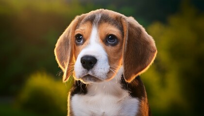 an adorable beagle puppy sitting patiently looking up with sad eyes as it waits for a tasty snack