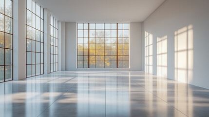 Fototapeta premium Bright and spacious empty room with large windows and natural light at a quiet location wallpaper, background, generated by AI 