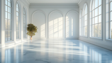 Minimalist modern interior with large windows and natural light streaming inside a spacious room wallpaper, background, generated by AI  