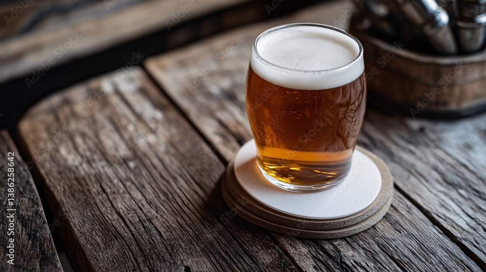 Poster glass of beer resting on rustic wooden table in a pub