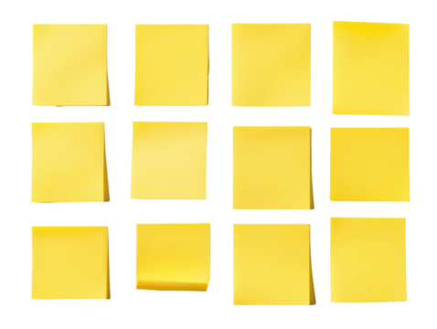 Yellow sticky notes arranged in a grid for creative brainstorming, cut out