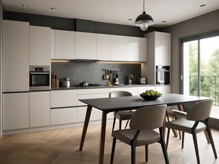 Fototapeta premium Wallpaper depicting a modern, very functional and spacious kitchen.