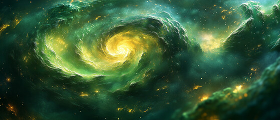 Swirling green galaxy with radiant stars in a cosmic landscape filled with swirling clouds wallpaper, background, generated by AI  